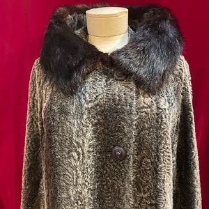 Vintage 1950s 1960s Faux Fur Grey Shearling Lamb Black Mink Collar Coat Jacket